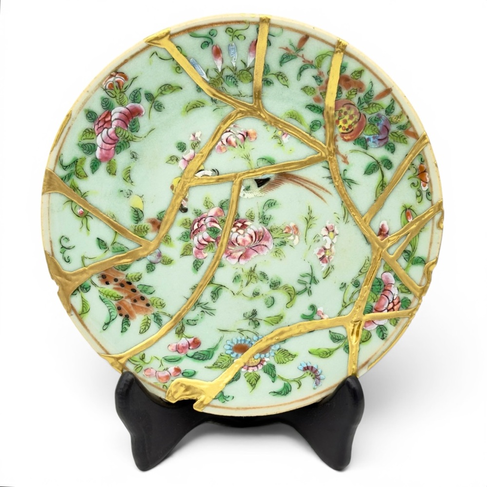 Kintsugi Plate Antique Chinese Celadon Enameled Gold Crack Art Growth Gift